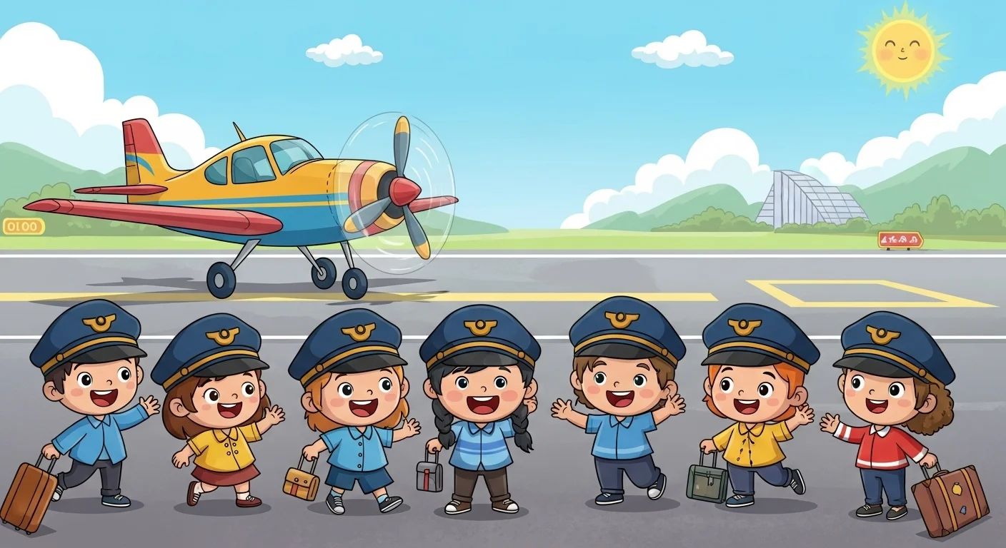 125+ Pilot Riddles with Answers: Soar Through Aviation Brain Teasers 1 Seven cartoon children wearing pilot caps with luggage standing on airport runway next to colorful propeller aircraft in pilot riddles