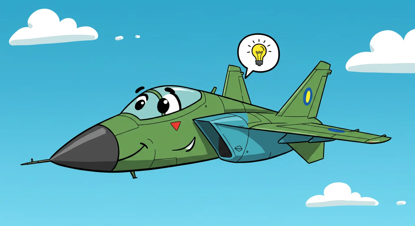 125+ Ultimate Fighter Jet Riddles to Challenge Aviation Enthusiasts 1 Cartoon green fighter jet with smiling face and lightbulb thought bubble against blue sky
