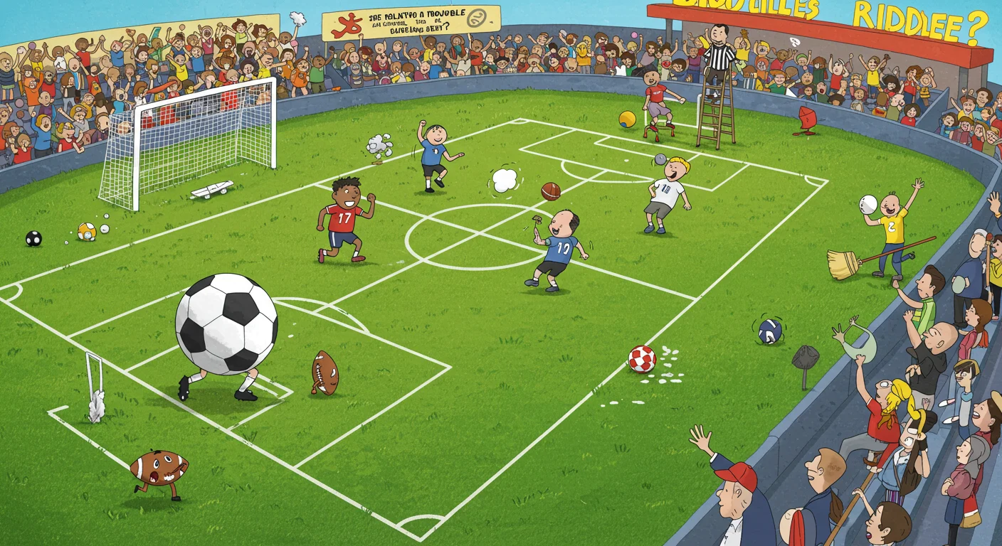 190+ Ultimate Football Riddles for Kids, Adults, and Trivia Fans 3 Cartoon soccer field with animated balls and players in a stadium full of fans and a riddle challenge