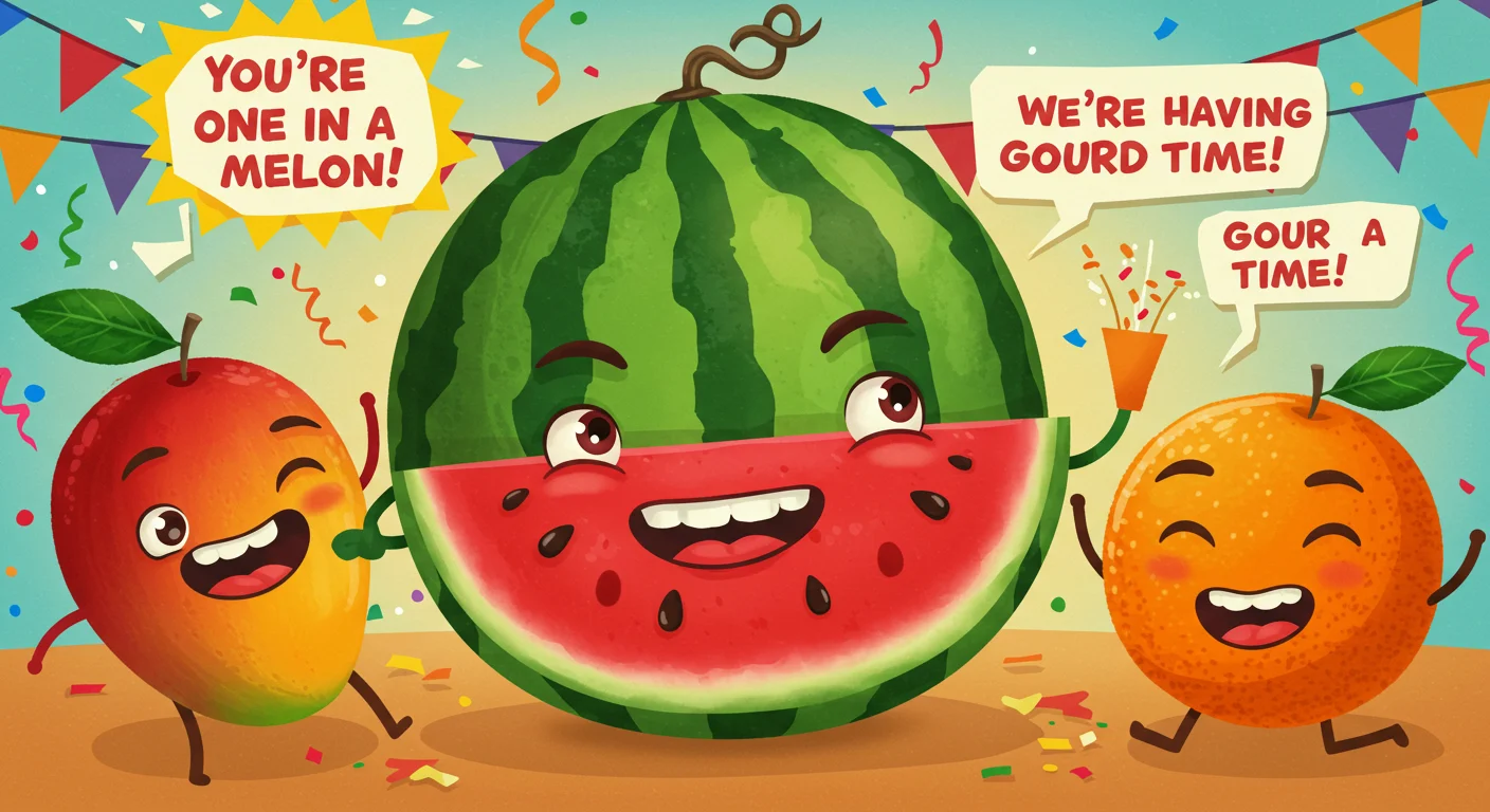 125+ Fun Watermelon Riddles to Slice Up Your Brain 2 Animated watermelon with mango and orange friends making fruit puns on colorful background