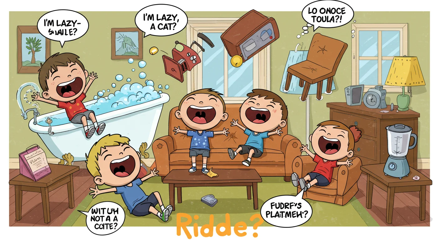 125+ Fun House Riddles with Answers for Kids & Adults 5 Cartoon illustration of five children playing in a living room with speech bubbles containing mirror language, showing furniture floating and a child in a bathtub amid bubbles