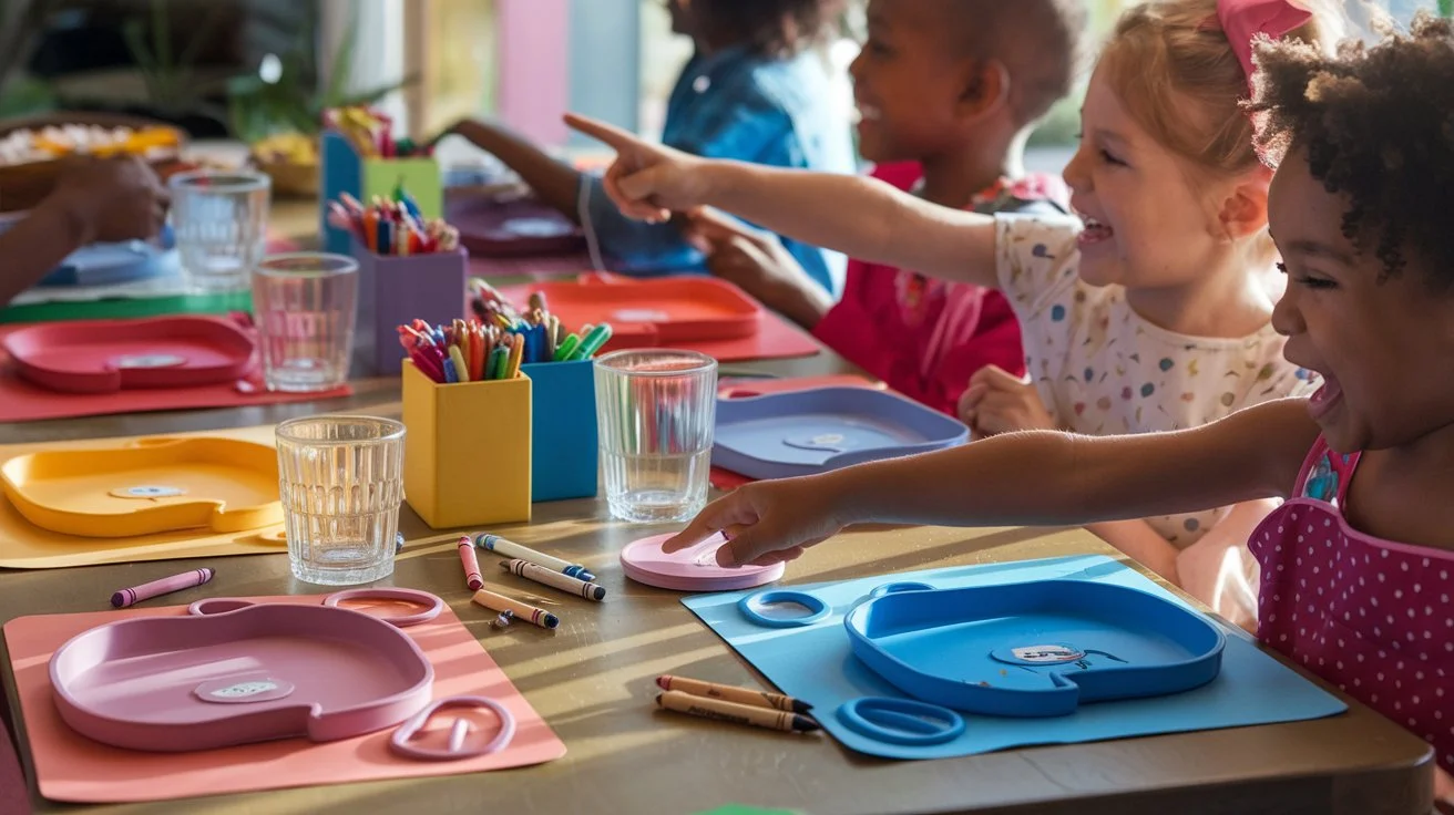 125+ Mind‑Blowing Table Riddles That Will Have Everyone Guessing 1 Children at a creative activity table with colorful sectioned plates and art supplies