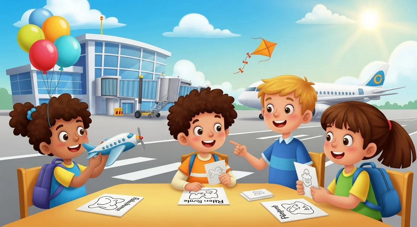 125+ High-Flying Airline Riddles (Answers Included!) 1 Four diverse children sitting at table in airport terminal working on riddle activity sheets with airplane models