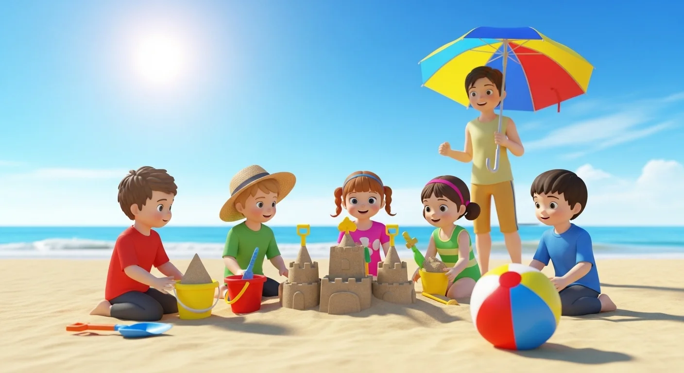 125+ Sandy Beach Riddles to Solve (Answers Included!) 1 Five children building elaborate sand castles on sunny beach with colorful buckets, shovels, and beach ball