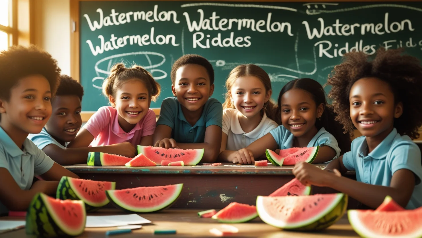125+ Fun Watermelon Riddles to Slice Up Your Brain 1 Diverse group of smiling elementary school children with watermelon slices in classroom