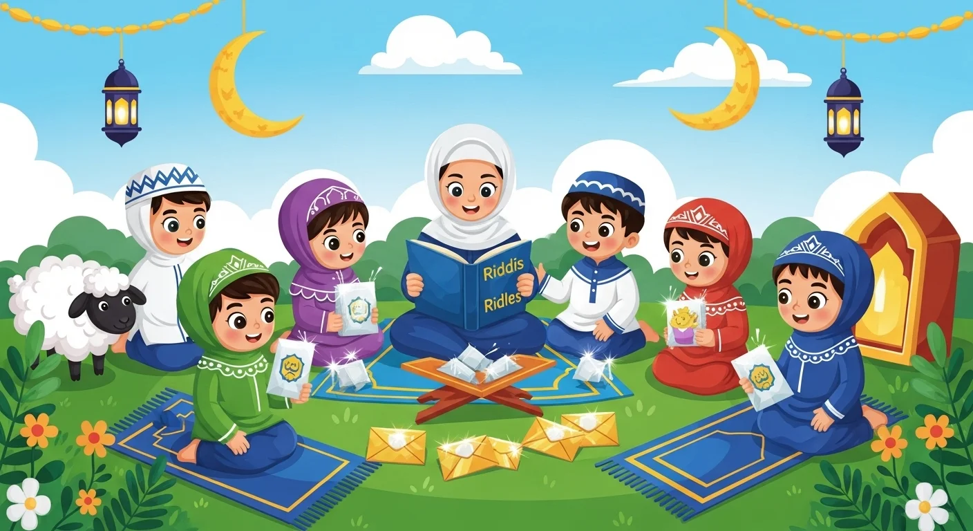 125+ Fun & Festive Eid ul Adha Riddles with Answers for All Ages 1 Children in colorful Islamic attire enjoying Eid ul Adha riddles outdoors with teacher, sheep, and festive decorations