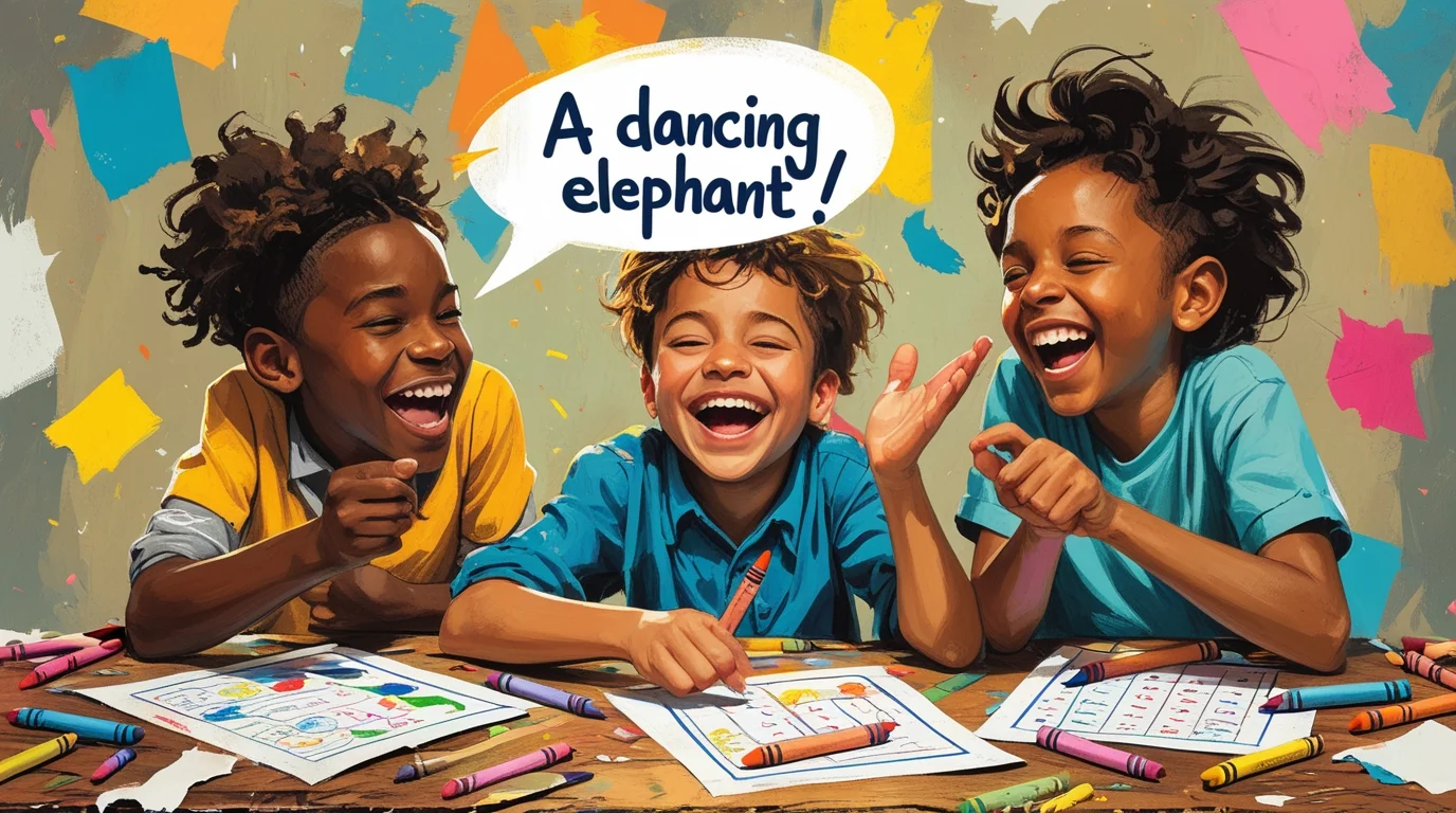 Why Riddles Are Important for Kids’ Mental Development? 4 Three diverse children laughing together while playing riddle games with artwork
