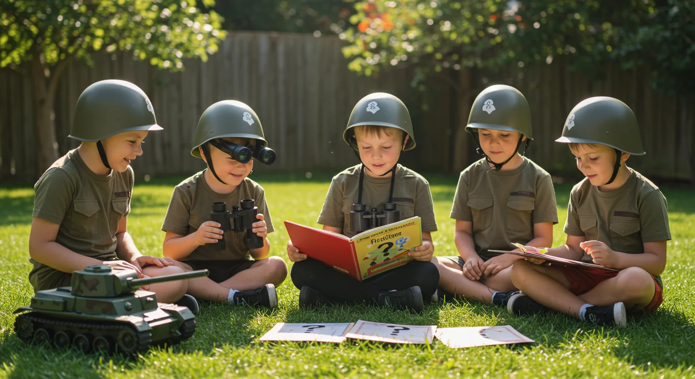 125+ Military Riddles to Outsmart Any General! Answers Included! 1 Children in military costumes reading puzzle books in backyard