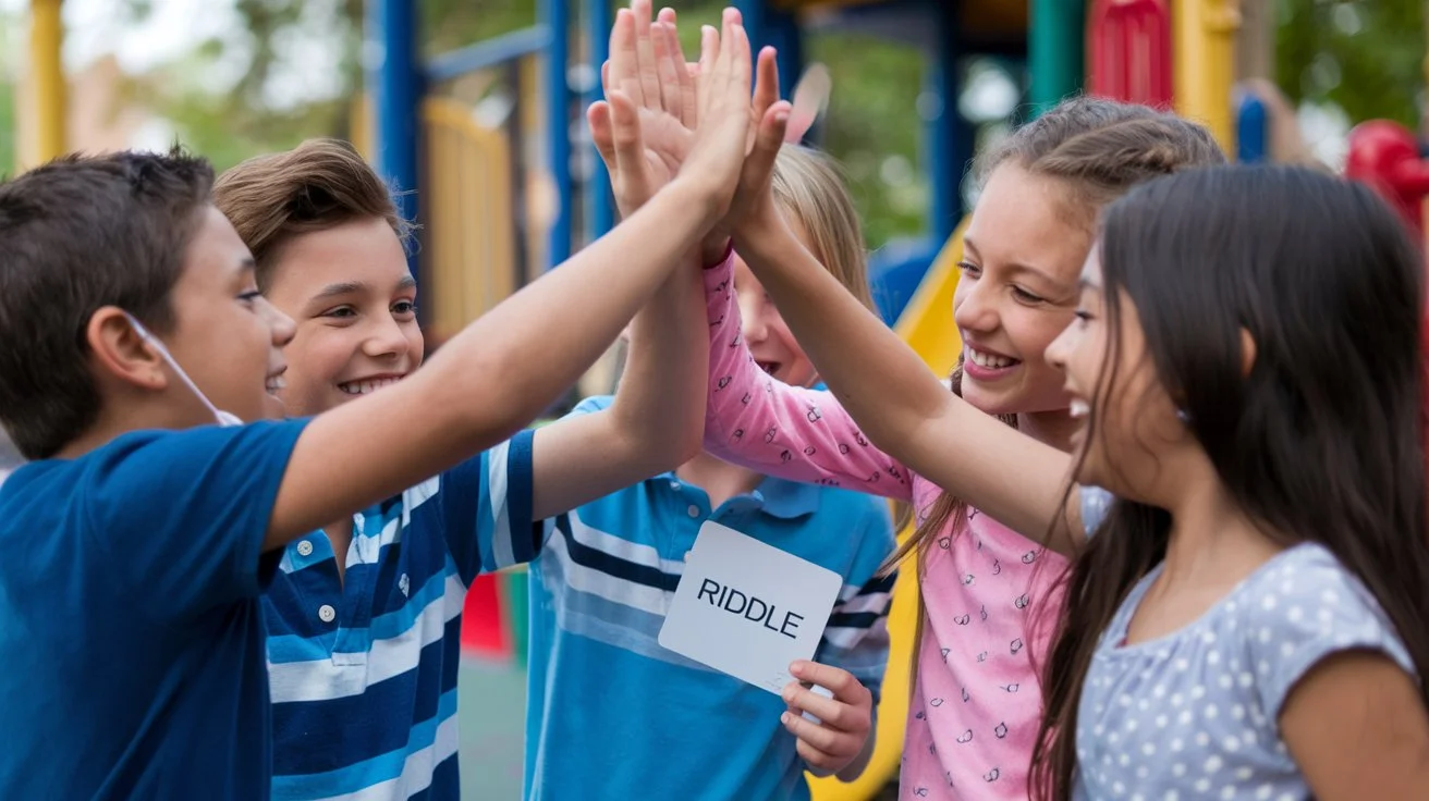Why Riddles Are Important for Kids’ Mental Development? 3 Children high-fiving at playground after solving riddle challenge together