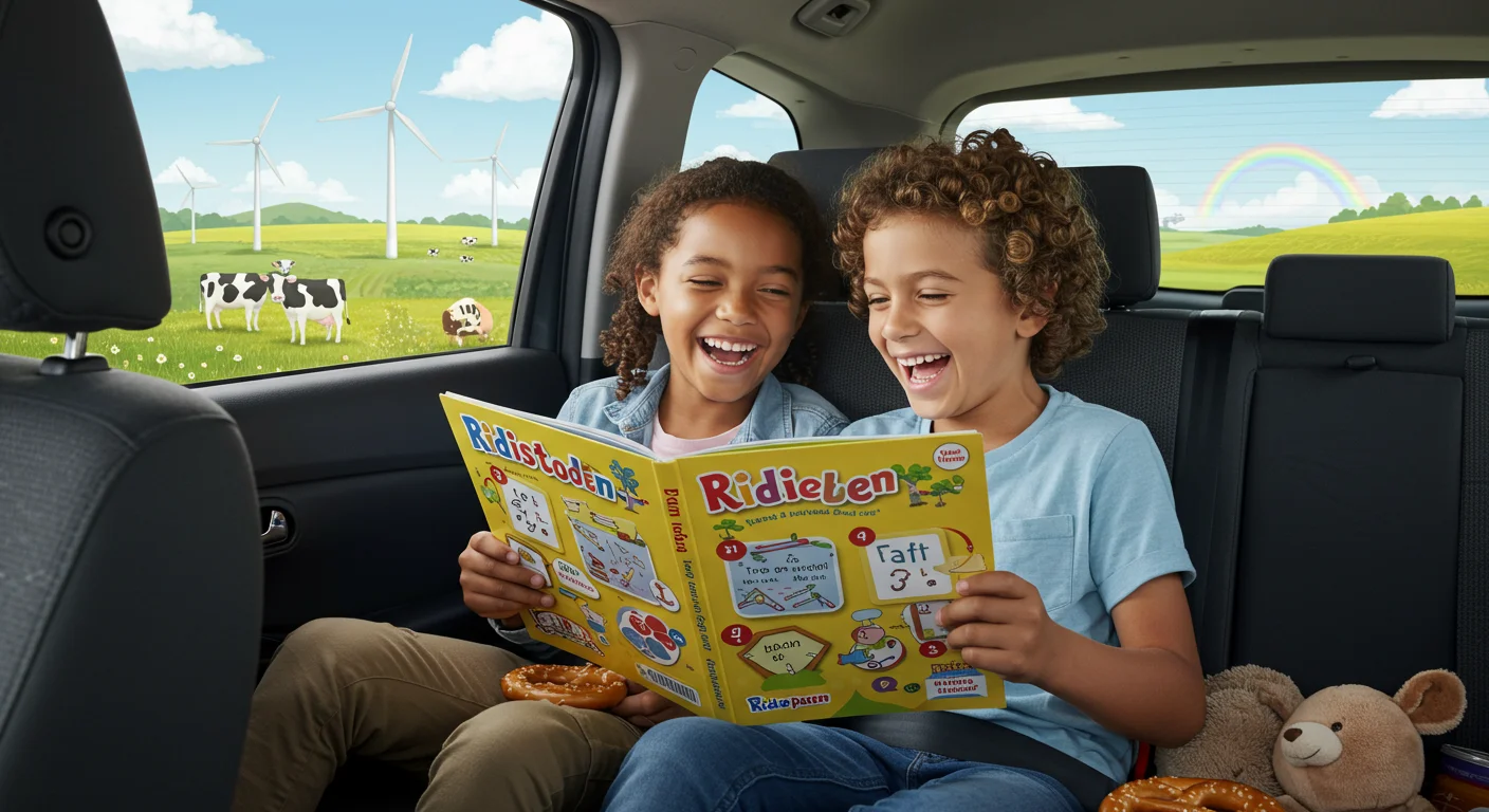 Two laughing children reading a riddle book in the backseat of a car with countryside and rainbow visible through window