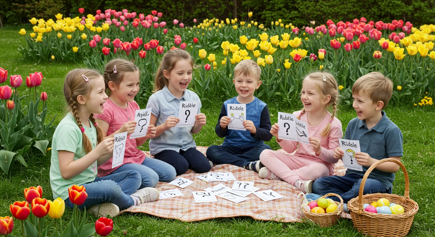 Group of six children sitting in a tulip garden playing with April riddle cards