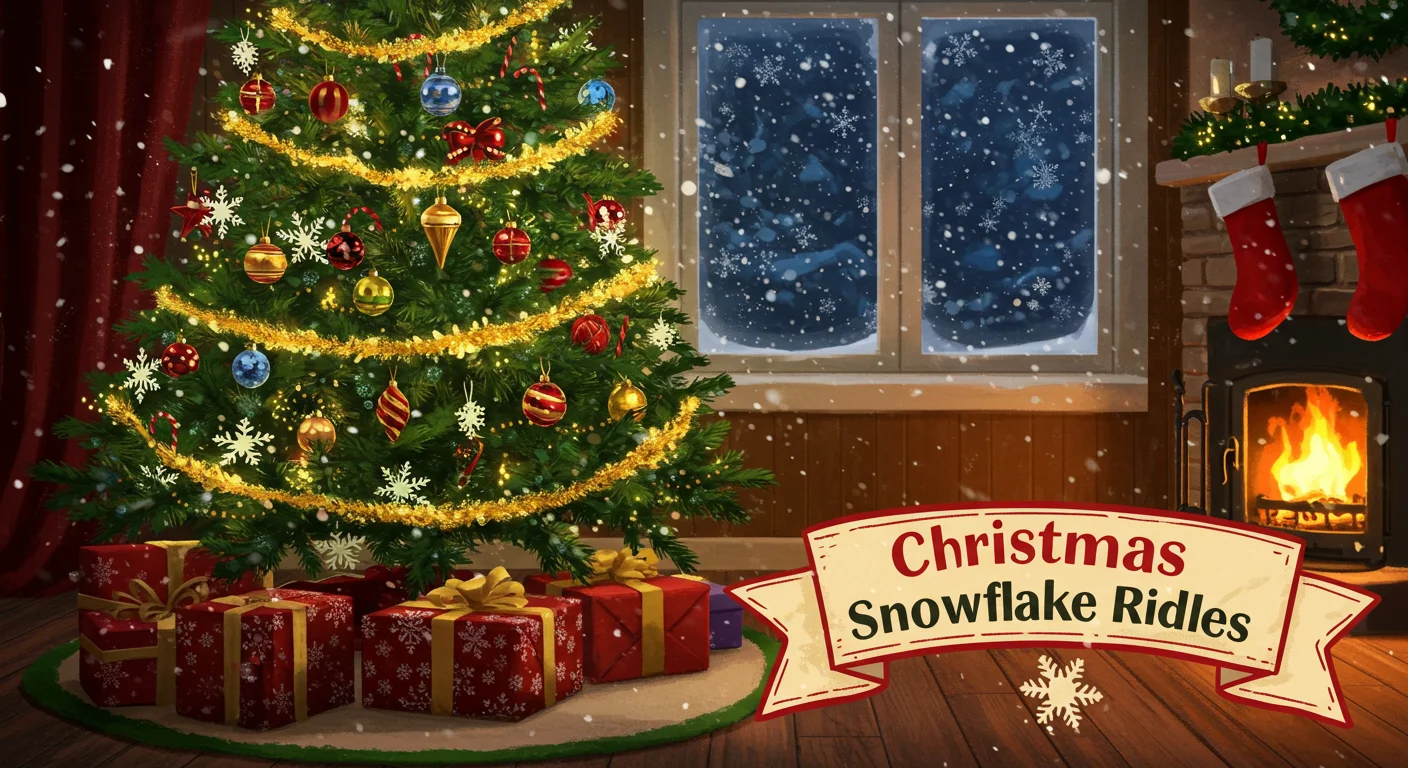 125+ Snowflake Riddles to Melt Your Mind (Hints & Answers!) 4 Decorated Christmas tree with presents by fireplace and "Christmas Snowflake Riddles" banner