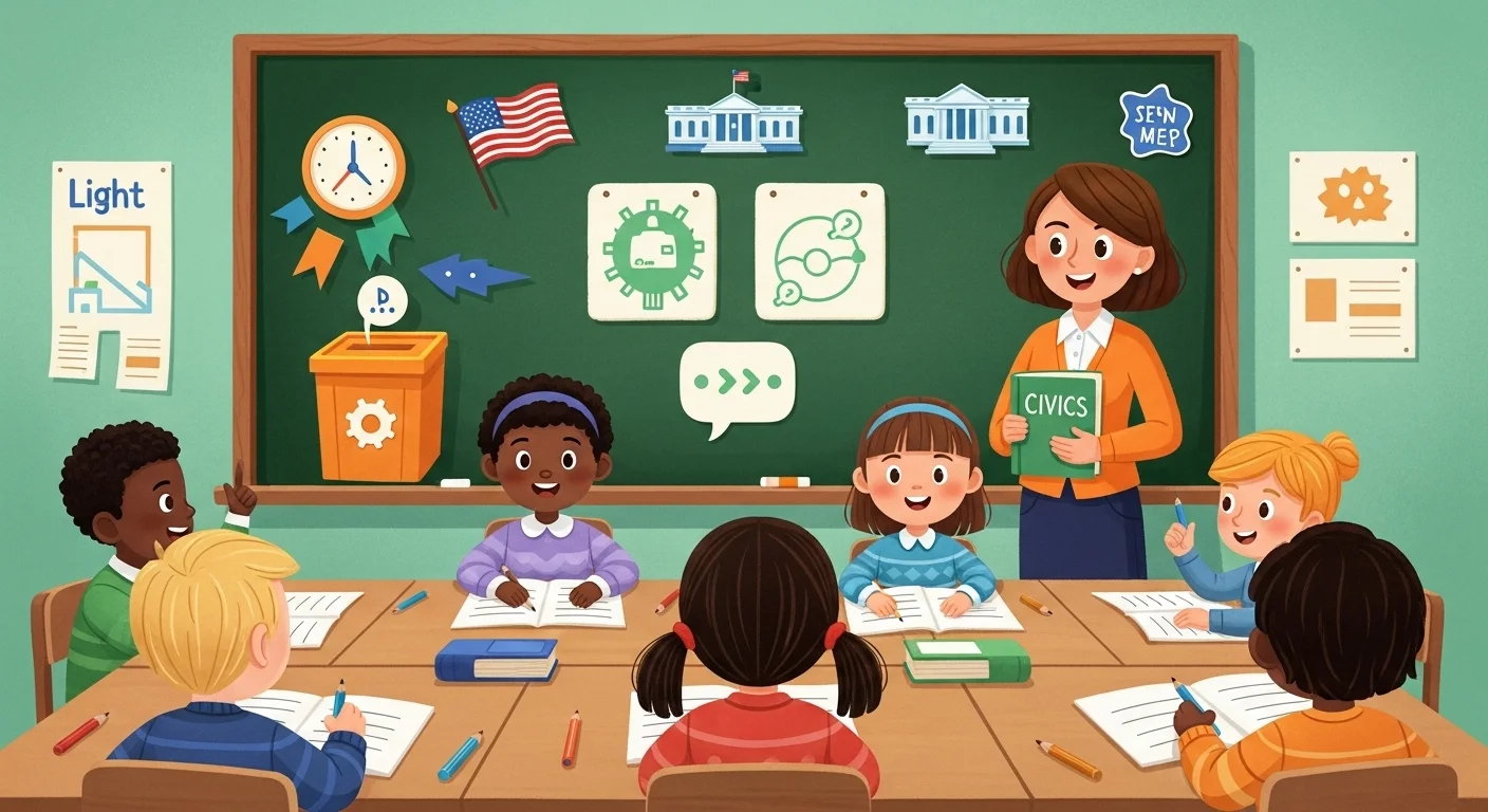 125+ Government Riddles with Answers: Unlock the Secrets of Civics! 4 Diverse elementary school children in civics classroom with teacher holding civics book, chalkboard showing government symbols and American flag
