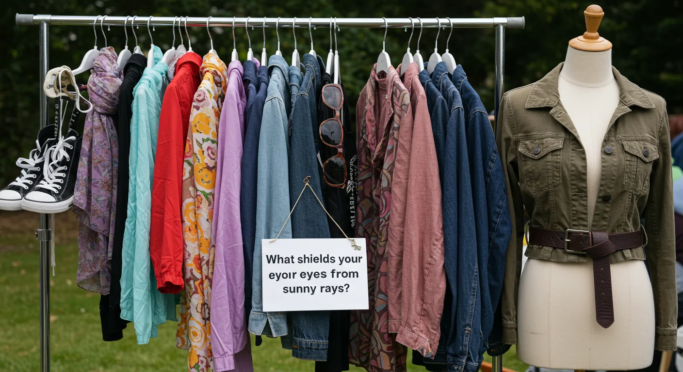 Clothing rack with colorful apparel and a riddle sign asking "What shields your eyes from sunny rays?"