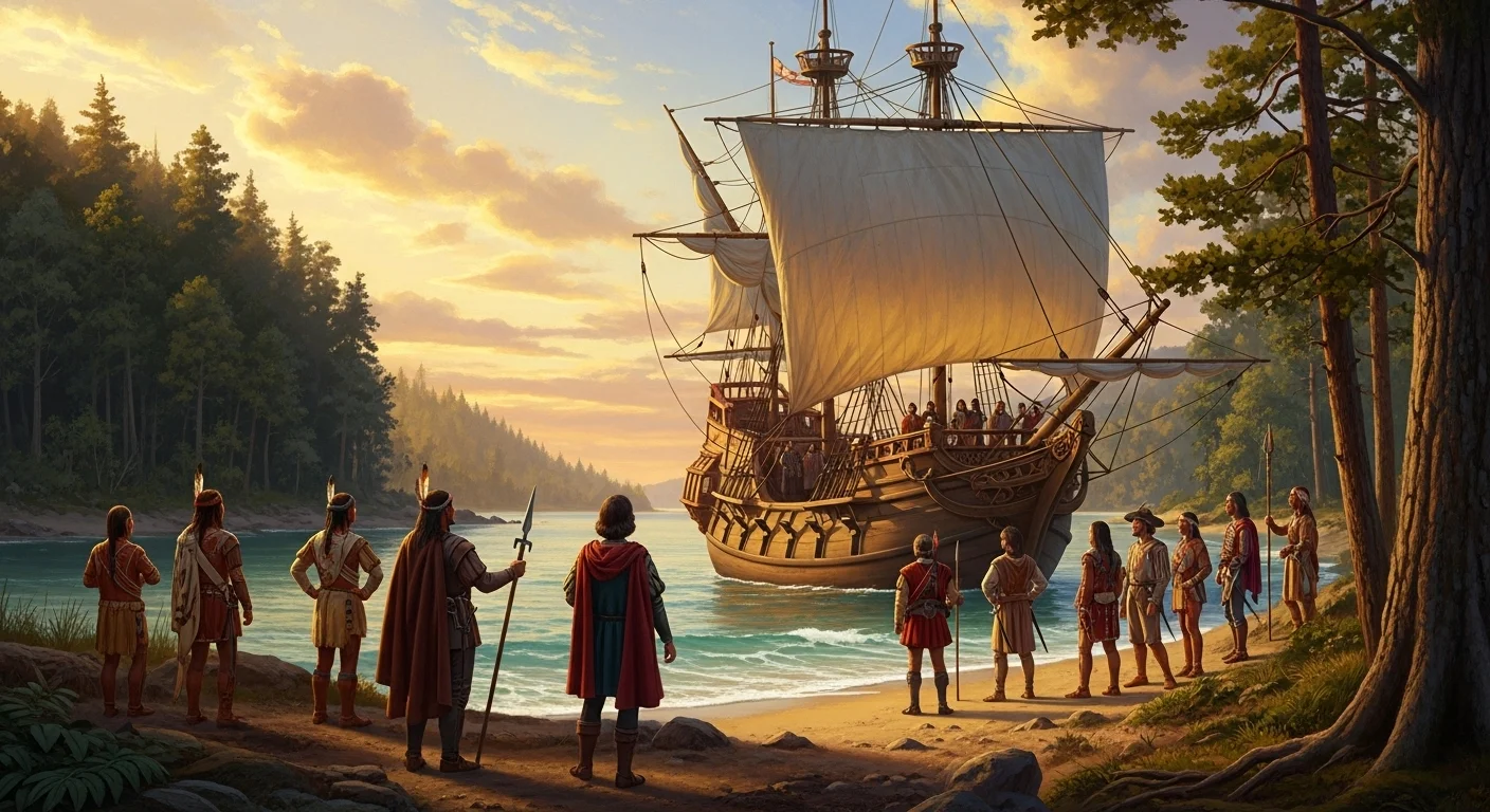 125+ American History Riddles: Test Your American Knowledge 1 European explorers arriving in colonial America with sailing ship and Native Americans on shoreline