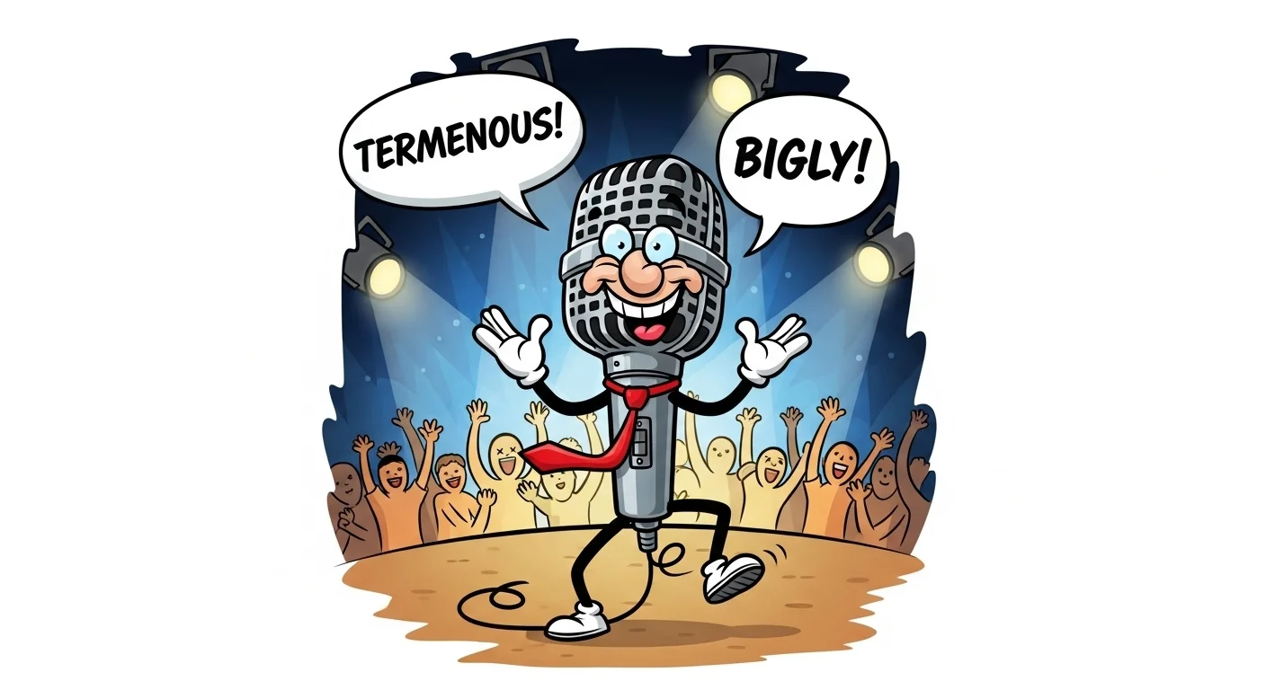 125+ Funny Donald Trump Riddles with Answers 10 Cartoon microphone character on stage saying "Tremendous" and "Bigly" to cheering crowd