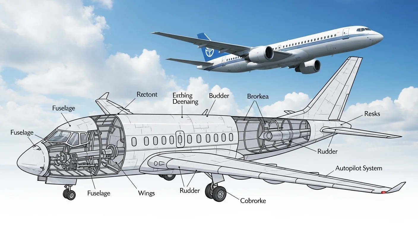 125+ Pilot Riddles with Answers: Soar Through Aviation Brain Teasers 6 Detailed cutaway diagram of commercial aircraft showing labeled parts including fuselage, wings, engines, rudder, and autopilot systems