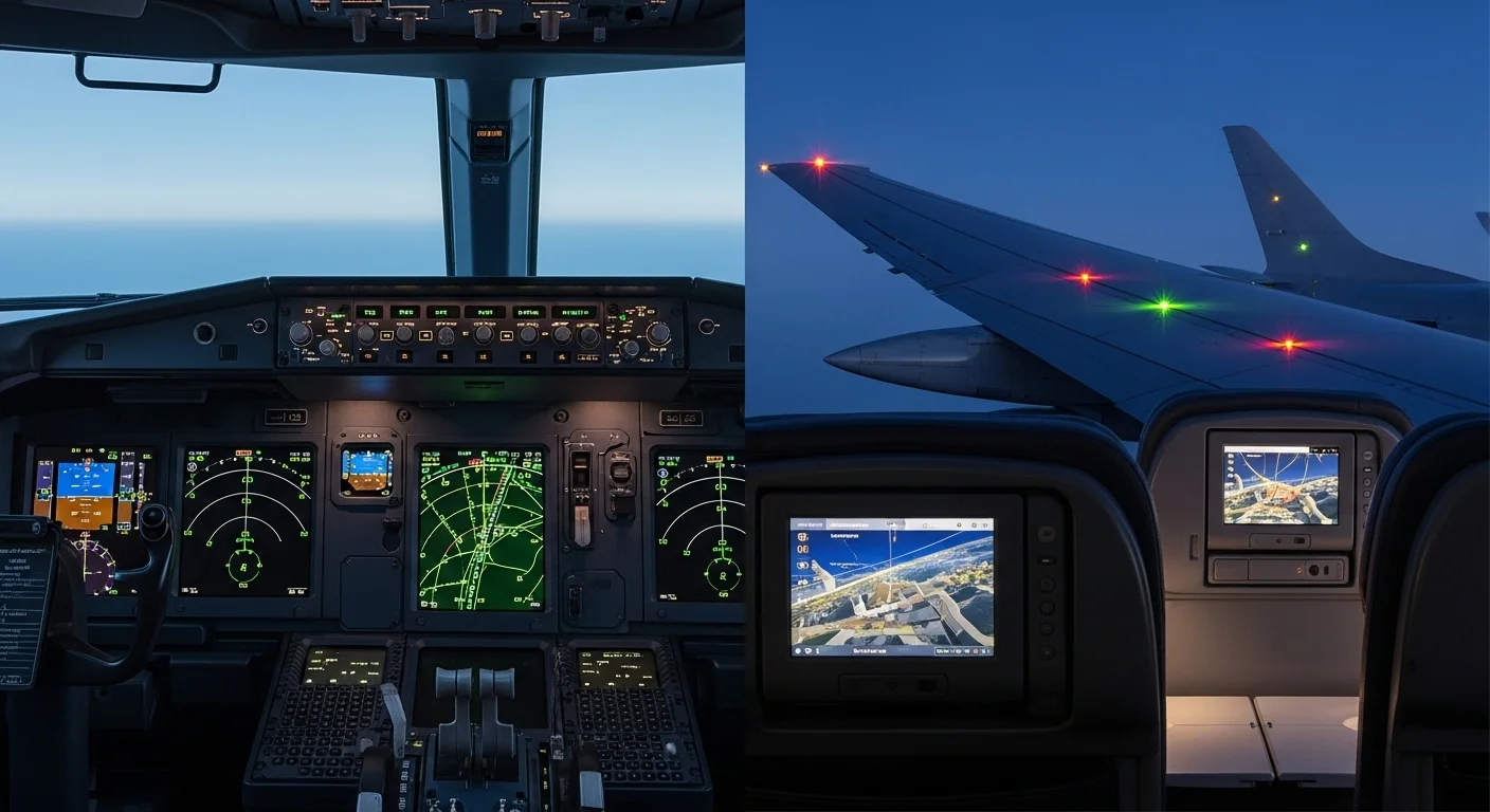 125+ Flight Attendant Riddles Only Crew Will Get (with Answers) 2 Modern aircraft cockpit dashboard with illuminated instruments and airplane wing view during flight