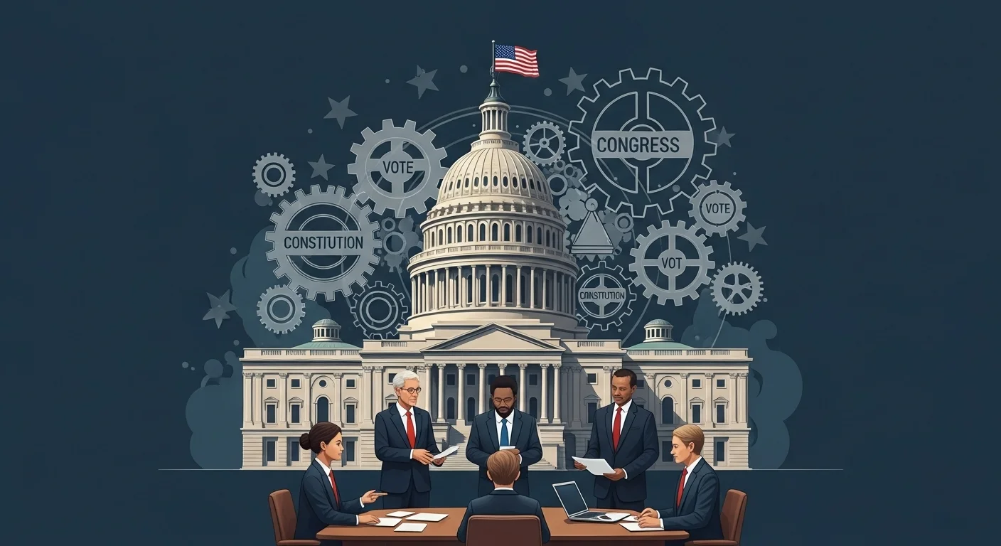 125+ Government Riddles with Answers: Unlock the Secrets of Civics! 1 Professional illustration of US Capitol building with mechanical gears labeled Constitution, Congress, and Vote, showing government officials in meeting