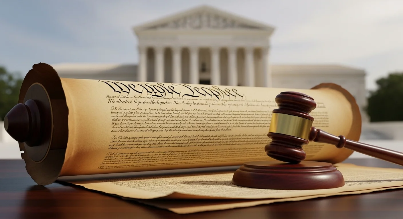 Constitution scroll with wooden gavel in front of Supreme Court building