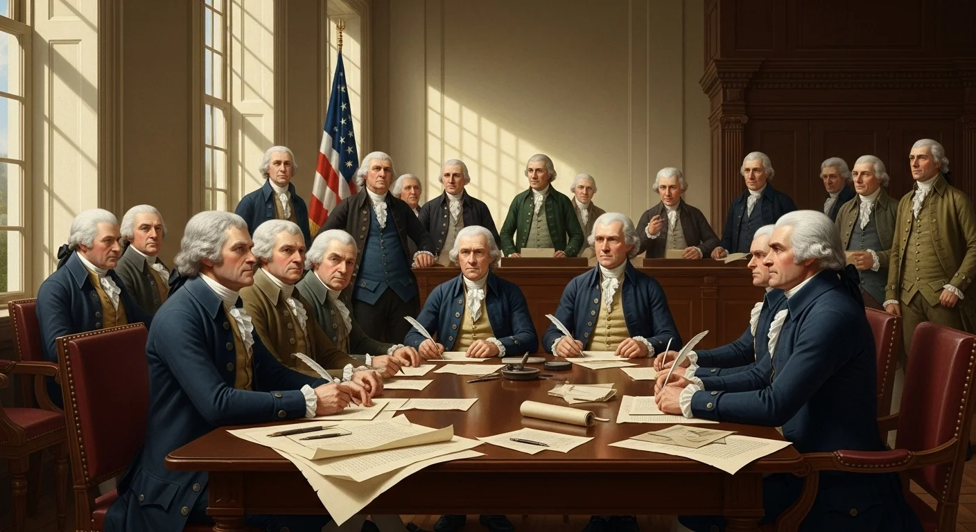 125+ American History Riddles: Test Your American Knowledge 3 Founding Fathers at Constitutional Convention drafting US Constitution in Philadelphia assembly hall