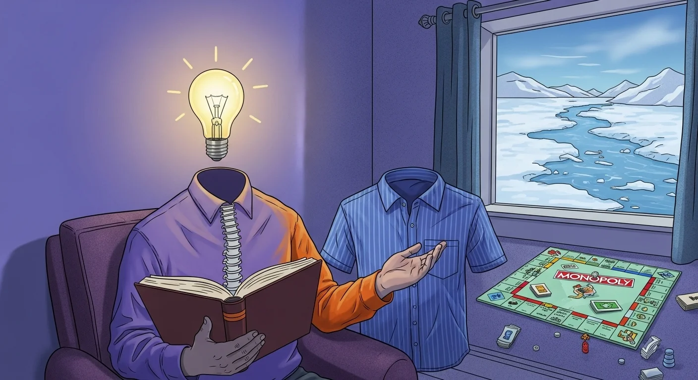 Two people problem solving - one with lightbulb head reading book, another using phone with Monopoly board game visible