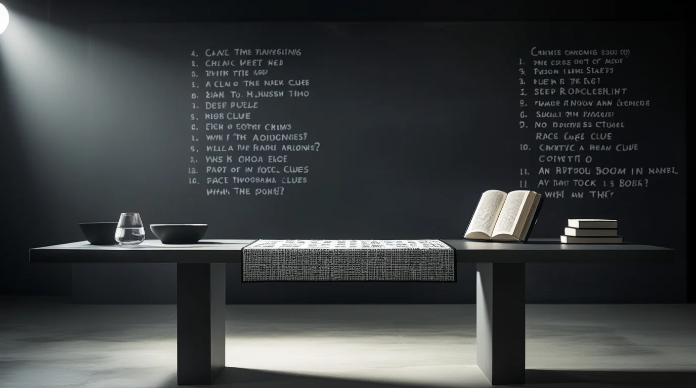 125+ Mind‑Blowing Table Riddles That Will Have Everyone Guessing 5 Minimalist table setup with black bowls and water glass against blackboard wall listing cryptic escape room clues