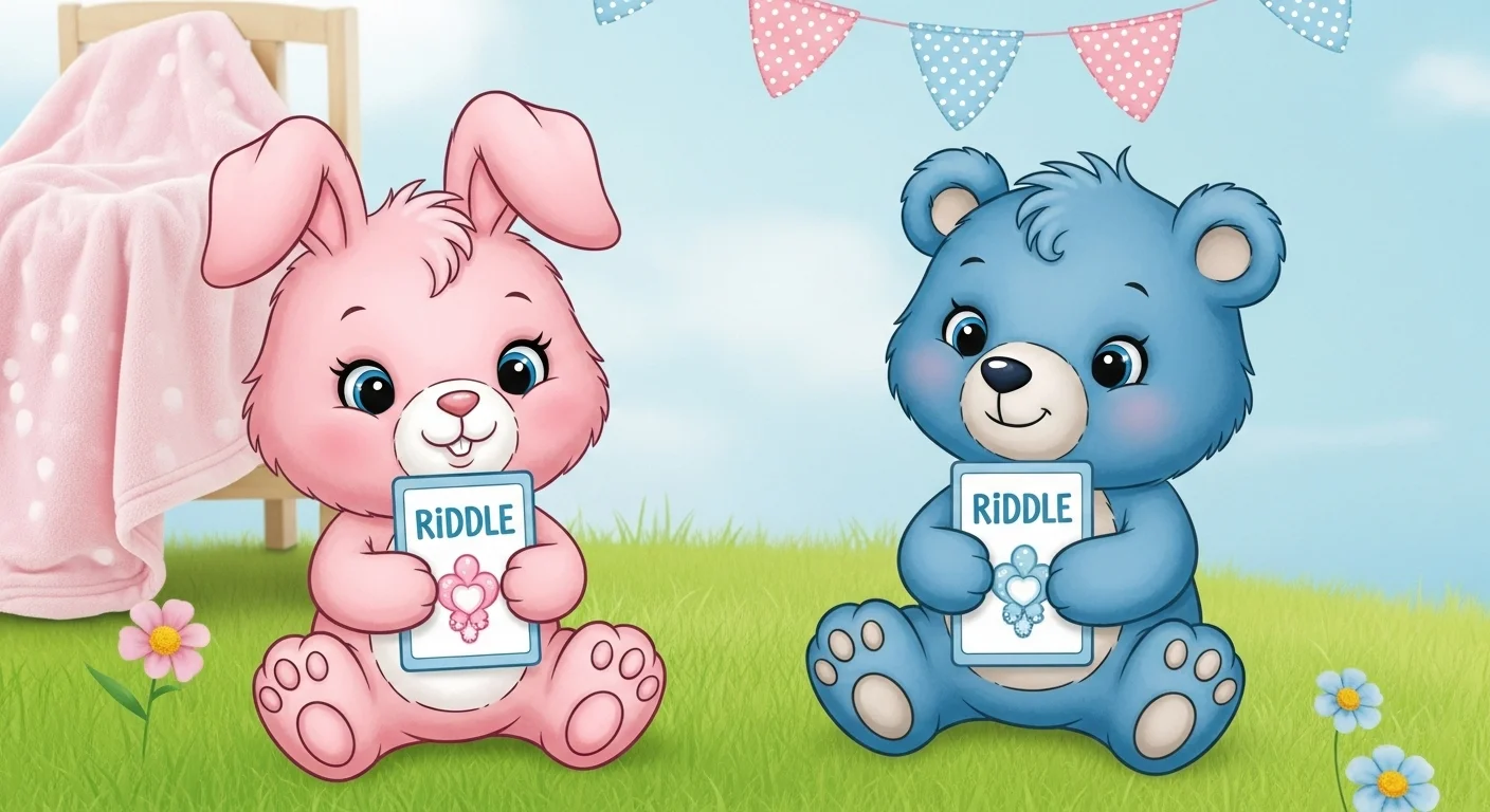 125+ Gender Reveal Riddles to Guess Baby’s Secret (Answers!) 5 Adorable pink bunny and blue teddy bear cartoon characters holding riddle cards with polka dot bunting decorations