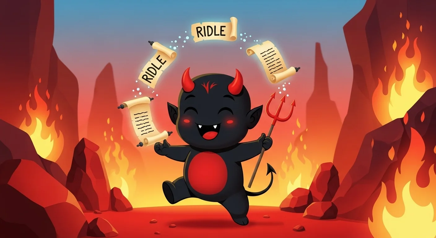 125+ Devil Riddles with Answers: A Devilishly Fun Challenge 1 Adorable black devil character juggling devil riddles scrolls in fiery hell landscape