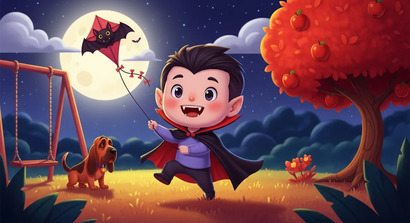 Adorable cartoon vampire child flying bat-shaped kite with friendly dog companion in moonlit autumn park scene