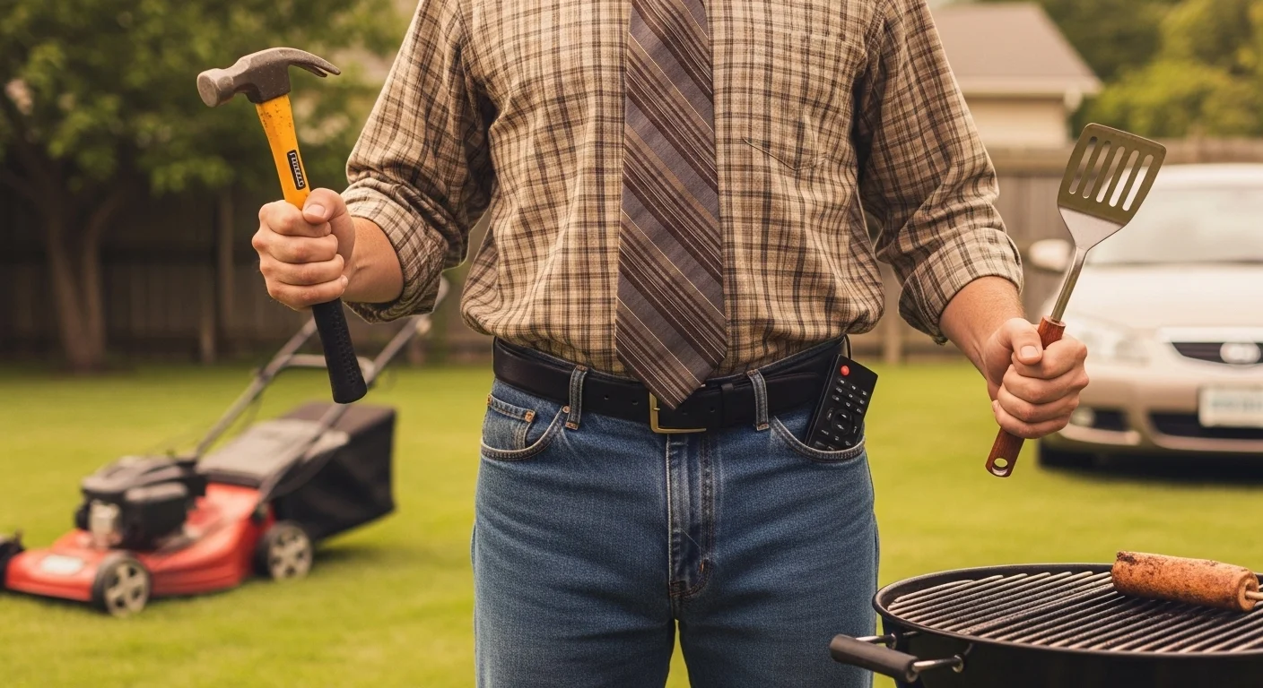 Father wearing plaid shirt and tie holding hammer and spatula, representing the multitasking modern dad at father's day riddles
