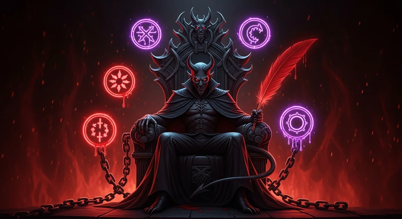 125+ Devil Riddles with Answers: A Devilishly Fun Challenge 11 Armored demon lord sitting on dark throne with glowing magical symbols and chains in fiery underworld setting