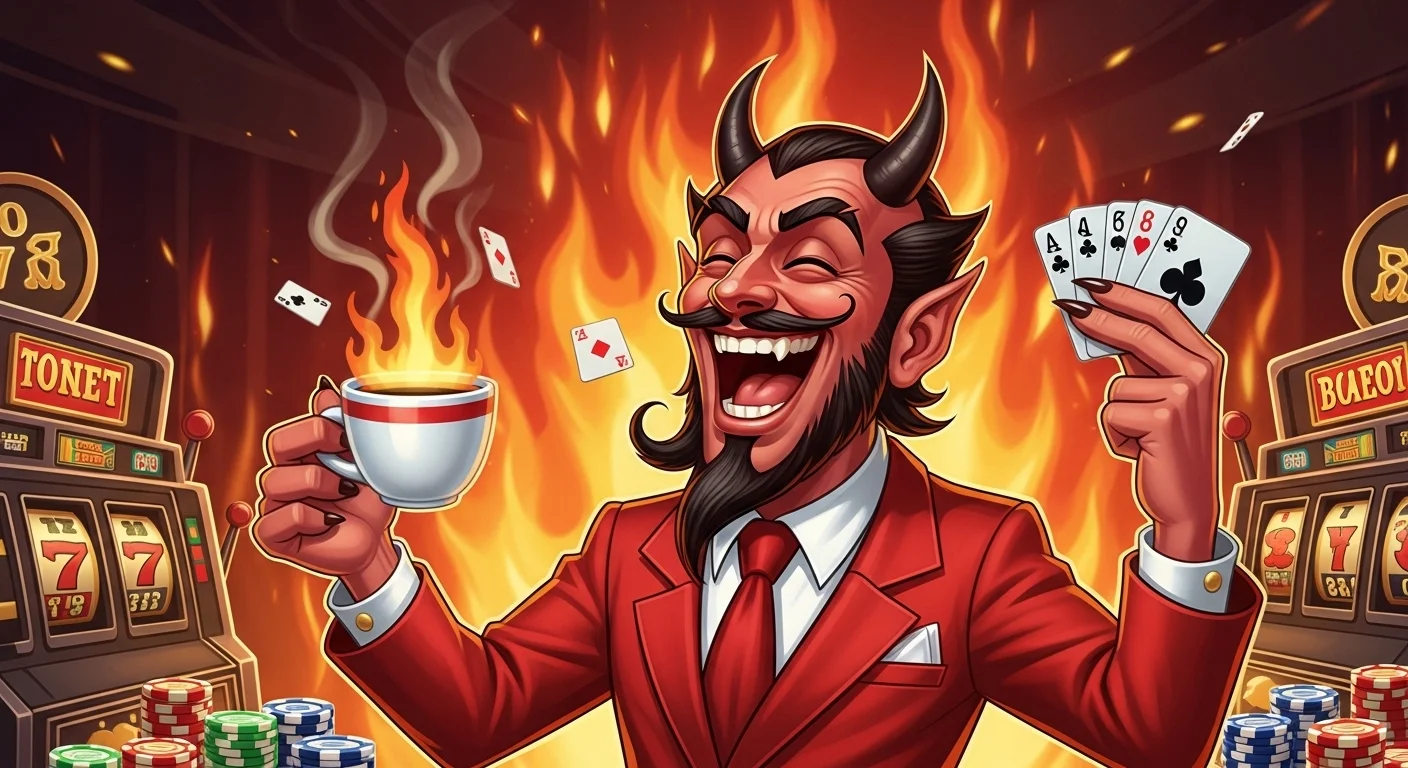 125+ Devil Riddles with Answers: A Devilishly Fun Challenge 6 Cheerful devil in red suit holding playing cards and coffee cup in fiery casino with slot machines