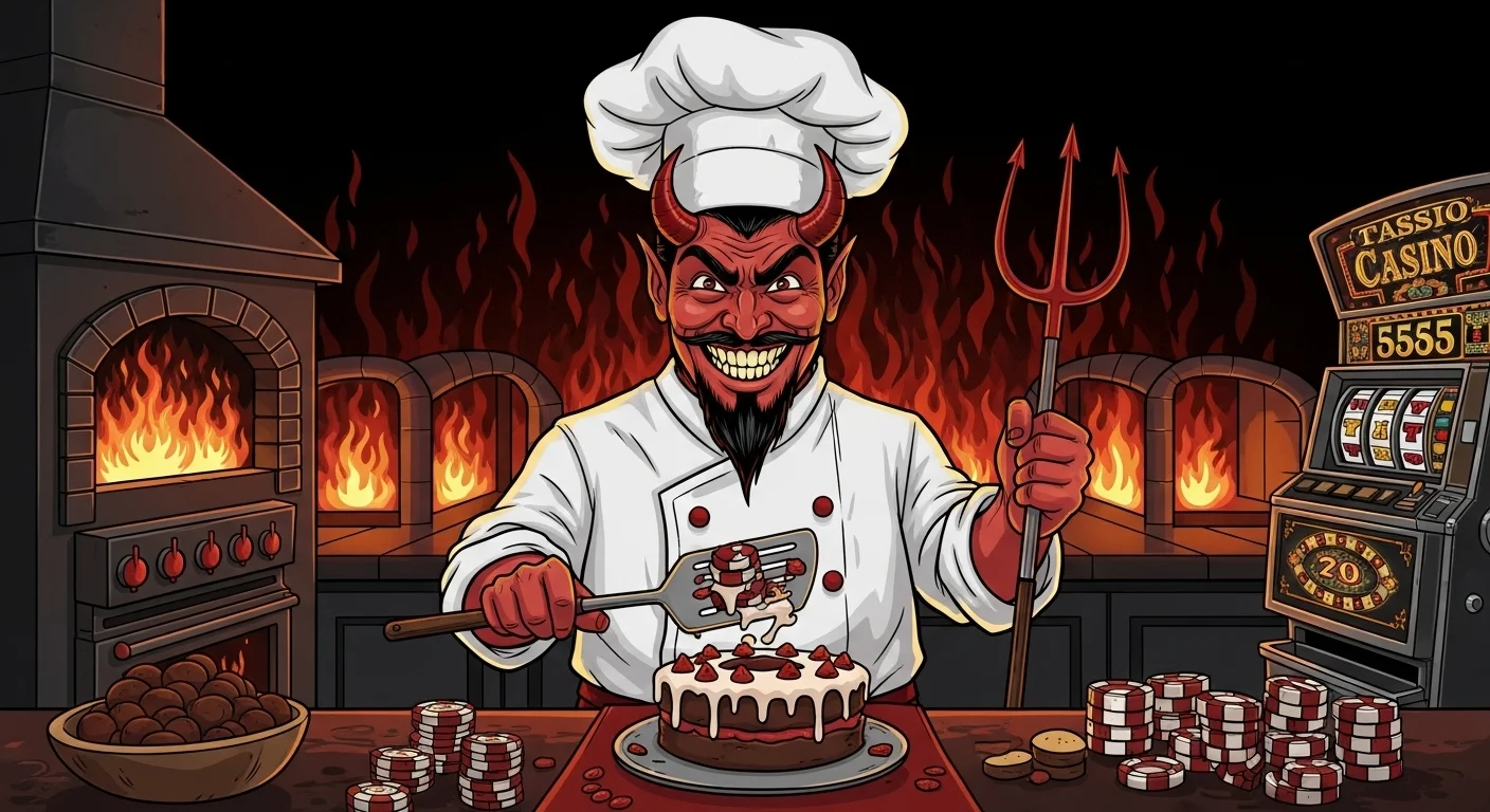 125+ Devil Riddles with Answers: A Devilishly Fun Challenge 9 Red devil character wearing white chef hat and apron, holding trident while decorating cake in hellish kitchen with casino slot machines and poker chips