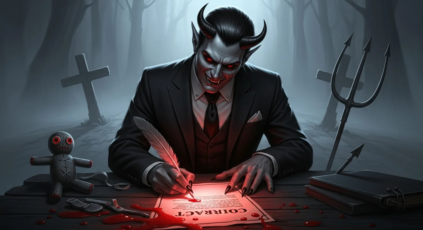 125+ Devil Riddles with Answers: A Devilishly Fun Challenge 4 Sinister devil in business suit writing glowing contract with quill pen in dark office