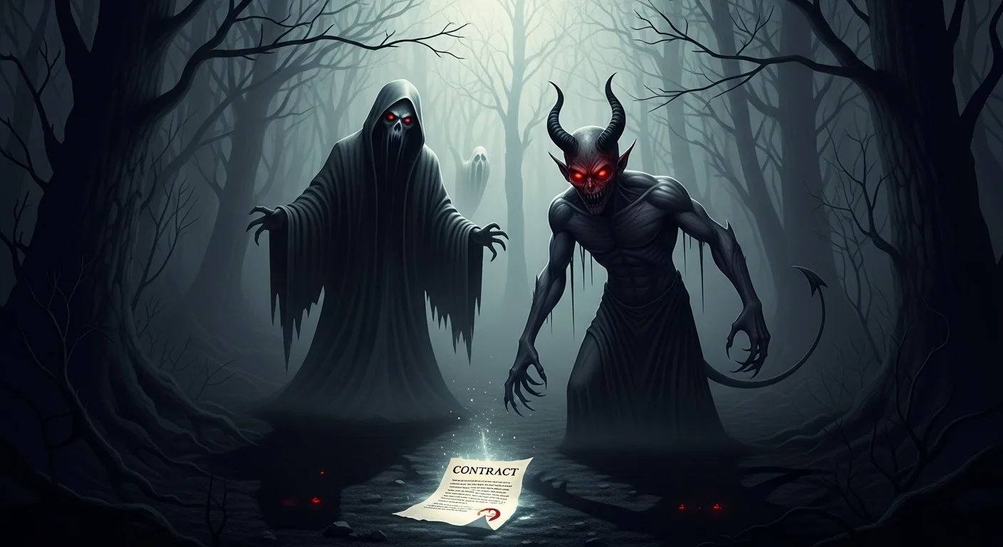 125+ Devil Riddles with Answers: A Devilishly Fun Challenge 7 Shadowy devil and hooded death figure standing over glowing contract in dark misty forest