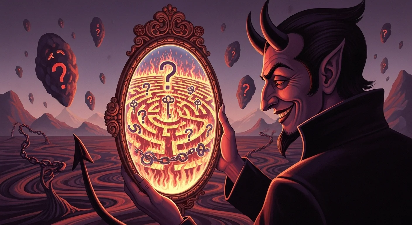 125+ Devil Riddles with Answers: A Devilishly Fun Challenge 10 Devil character holding ornate burning mirror containing fiery maze with question marks floating in hellish landscape