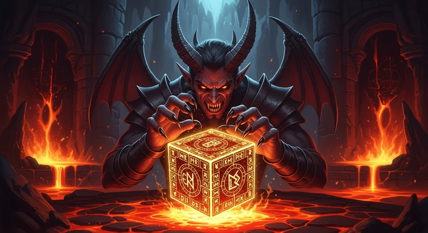 125+ Devil Riddles with Answers: A Devilishly Fun Challenge 5 Menacing winged devil with horns holding golden puzzle cube surrounded by flames in hell throne room