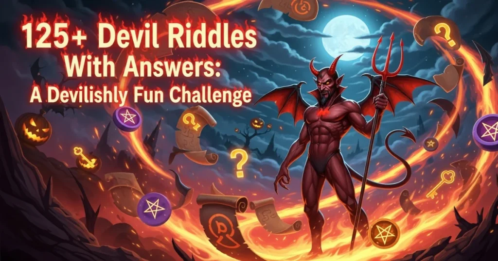 Devil riddles challenge header with red demon holding trident surrounded by question marks and scrolls