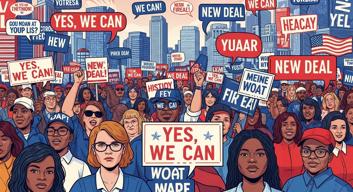 Diverse crowd at political rally holding signs saying Yes We Can and New Deal
