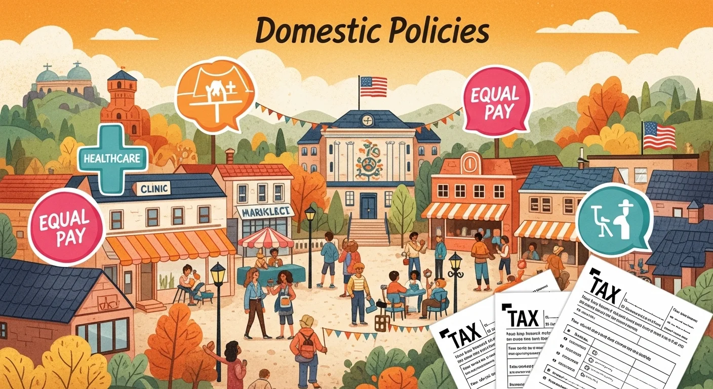Illustrated town scene showing domestic policy concepts including healthcare clinic, equal pay advocacy, tax forms, and diverse community members