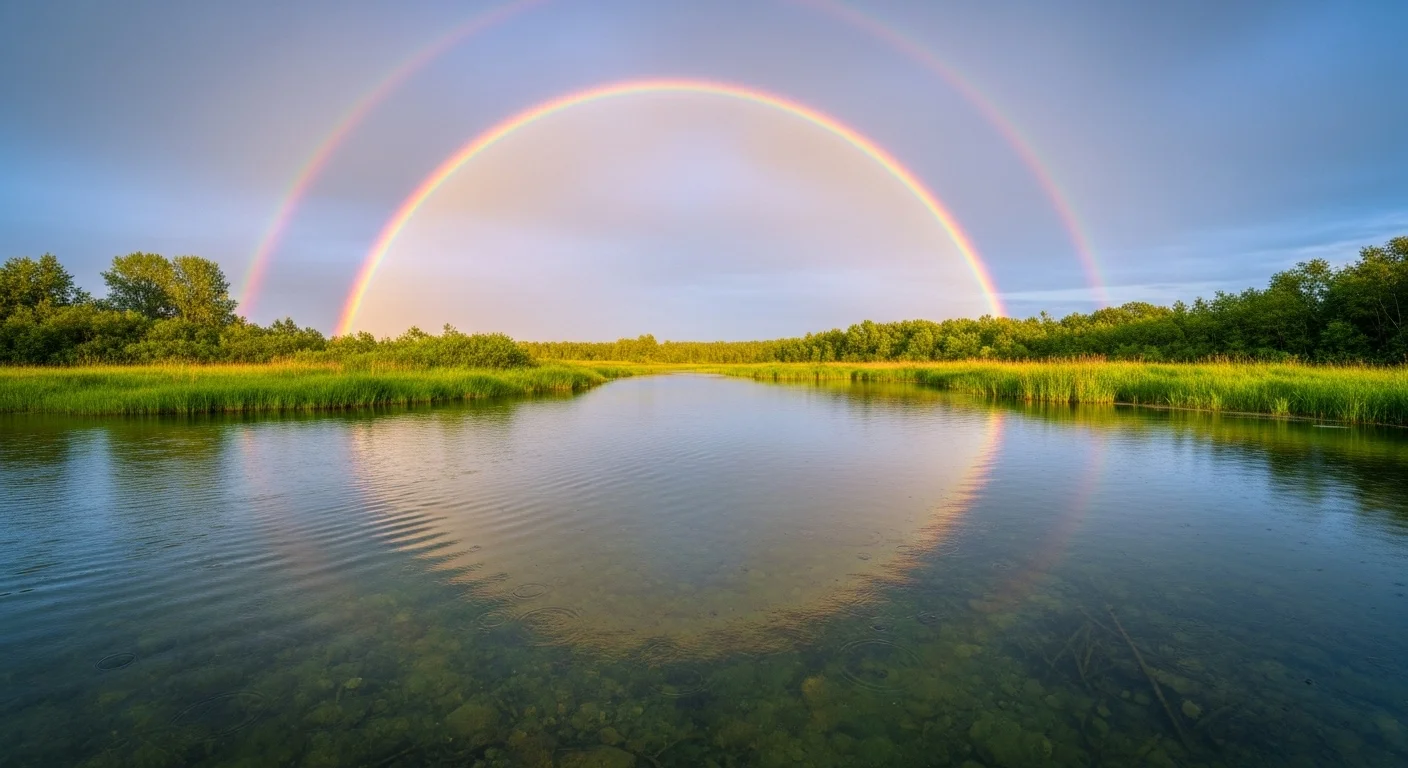 125+ Splash-Tastic Swimming Pool Riddles (Answers Inside!) 9 Double rainbow arcing over calm lake with perfect reflection in water surrounded by green wetland vegetation