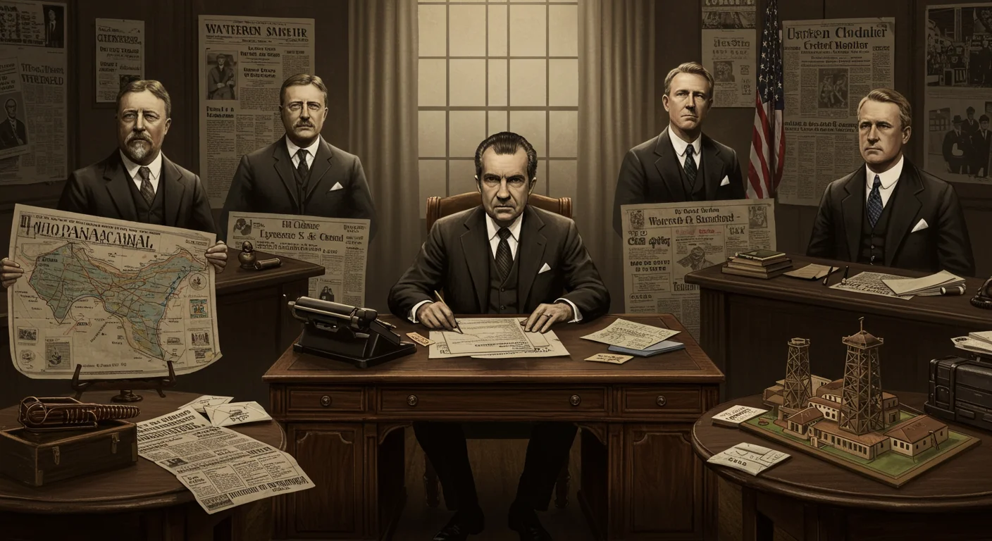 125+ Presidential Riddles & Answers to Test Your History Smarts 8 Five early 1900s presidents in formal suits gathered in newspaper office with Panama Canal models and period newspapers