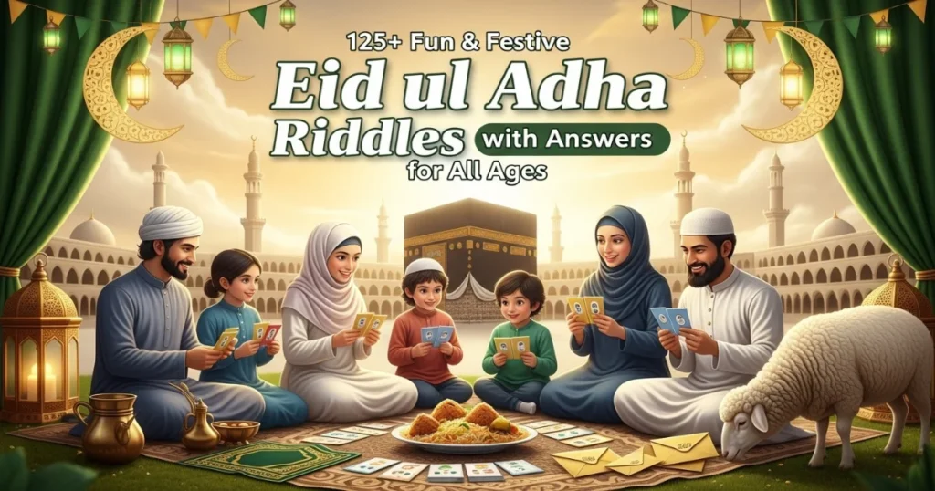 Family celebrating Eid ul Adha with 125+ fun Eid ul Adha riddles, sitting together with traditional decorations and Kaaba in background