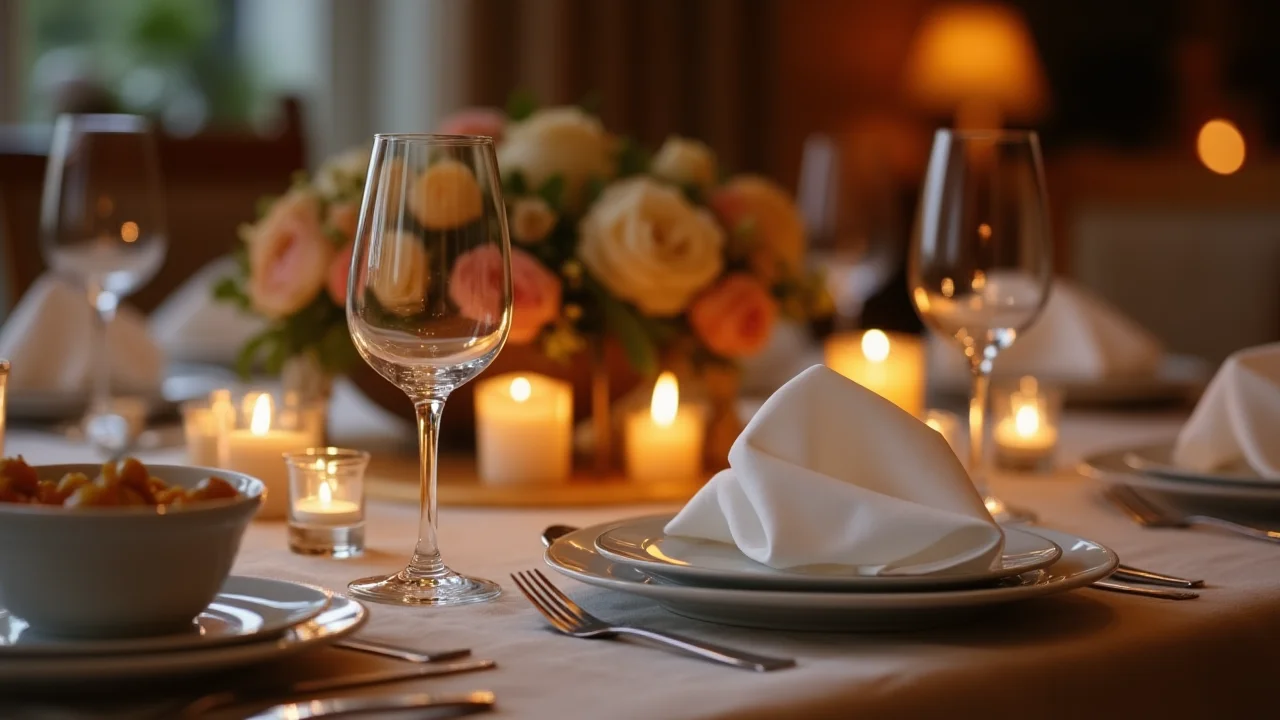 125+ Mind‑Blowing Table Riddles That Will Have Everyone Guessing 3 Elegant formal table setting with white napkin, wine glass, candles and floral centerpiece