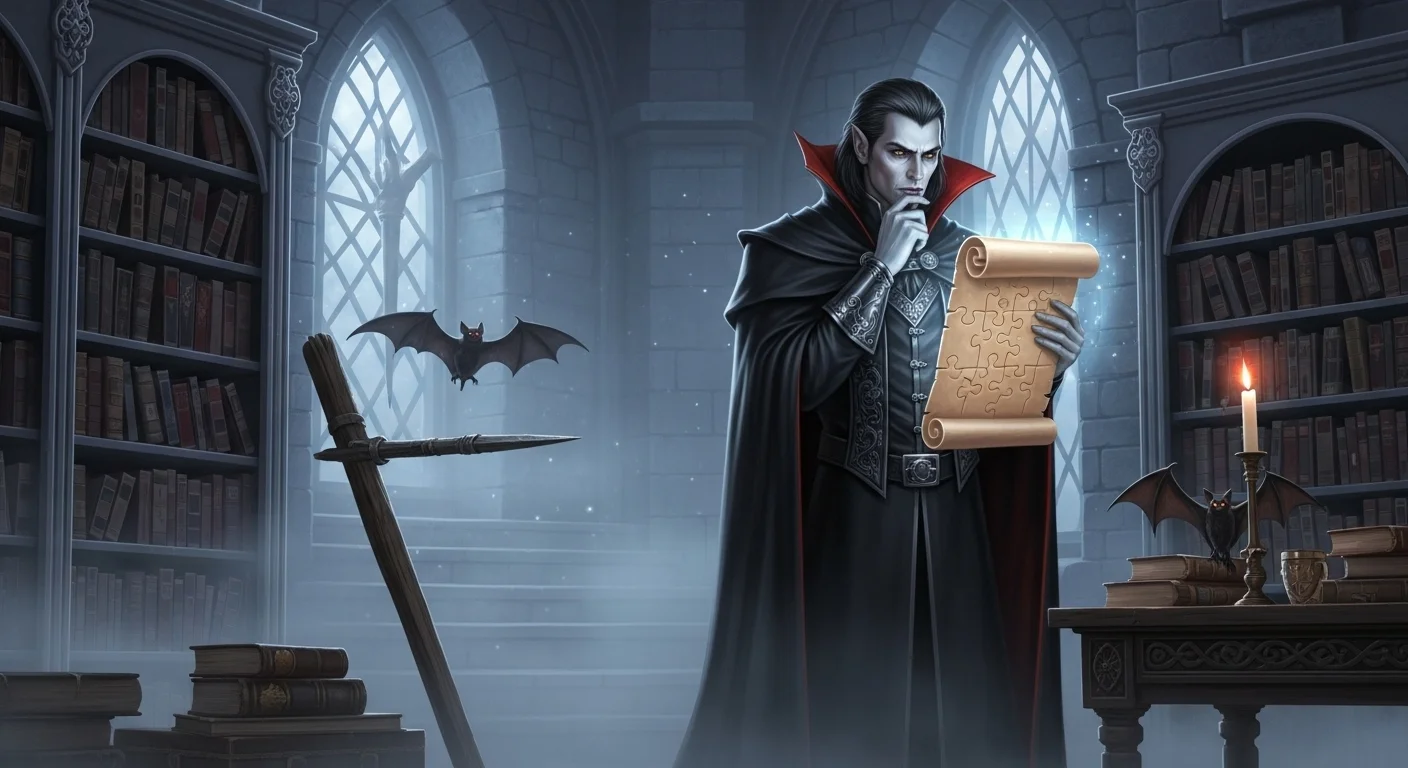 Sophisticated vampire scholar in gothic library reading ancient scroll with bats, candles, and leather-bound books creating intellectual riddle atmosphere