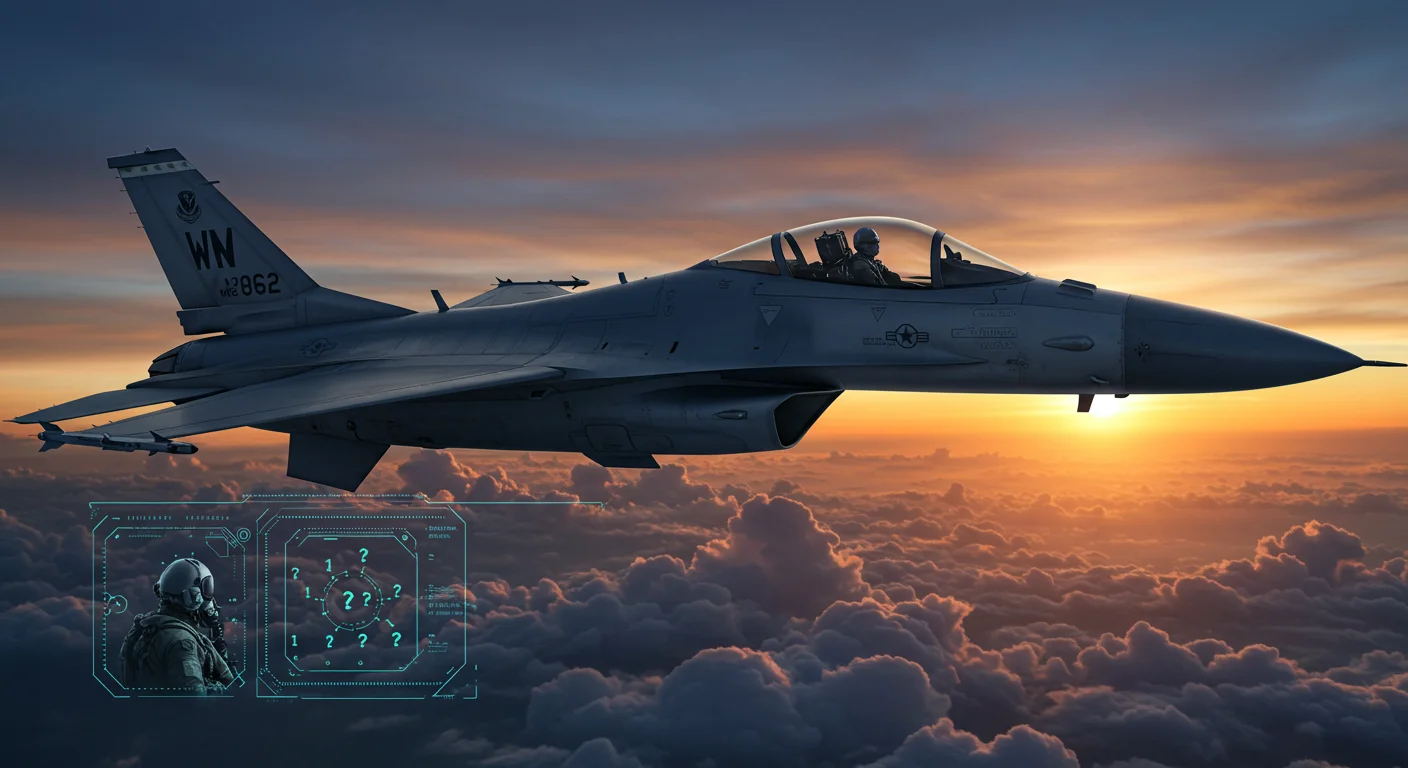 125+ Military Riddles to Outsmart Any General! Answers Included! 5 F-16 fighter jet soaring above clouds at sunset with tactical HUD display