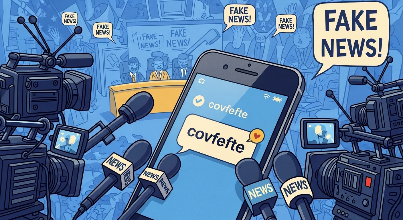 125+ Funny Donald Trump Riddles with Answers 2 Smartphone displaying "covfefe" tweet surrounded by news cameras and microphones with "FAKE NEWS" speech bubbles