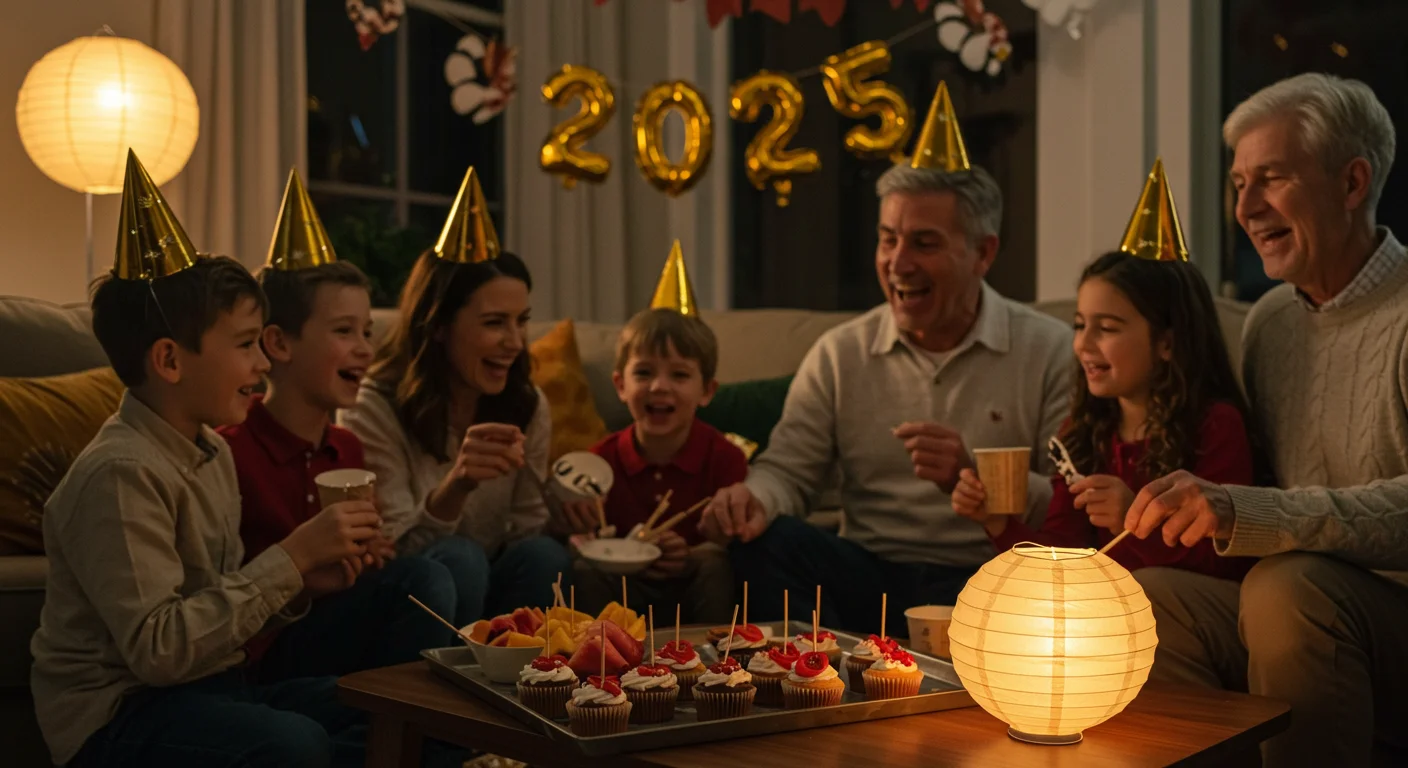 125+ New Year Riddles to Spark Joy & Laughter (Answers Inside!) 4 Multi-generational family celebrating New Year 2025 with party hats and festive treats