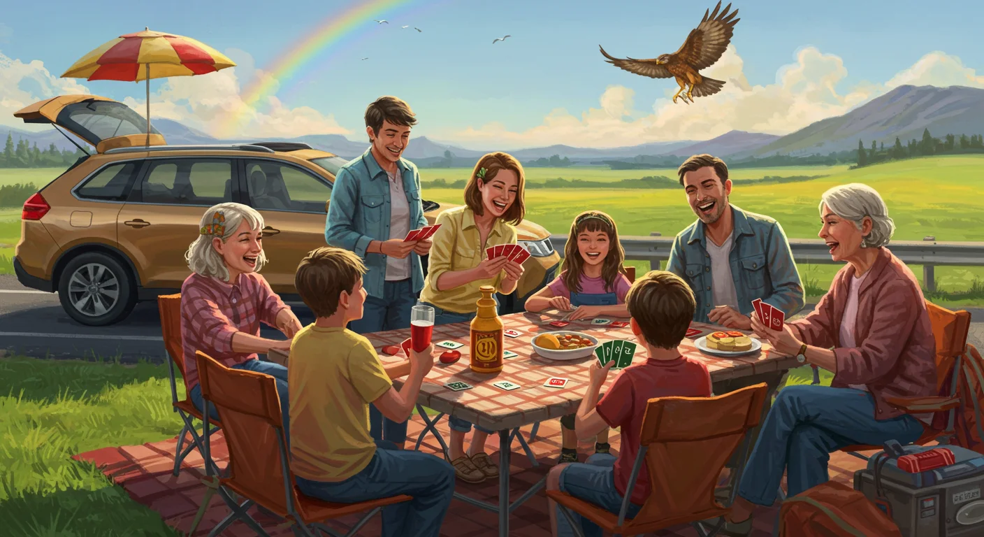 Multi-generational family enjoying card game picnic beside parked SUV with rainbow and eagle in background